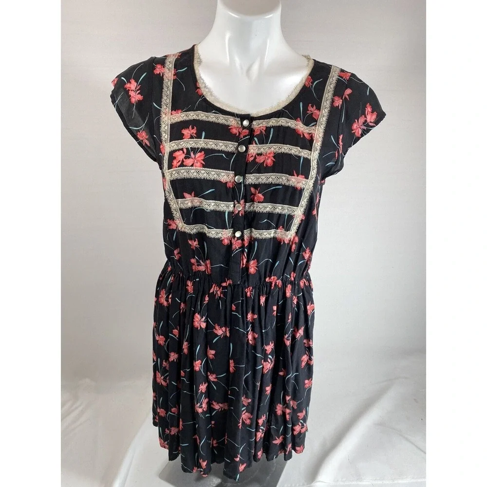 Free People Tunic Top Womens 4 Black Embroidered Floral Boho Hippie